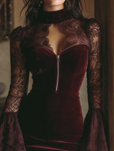 Robe Mini en Velours avec Détails en Dentelle