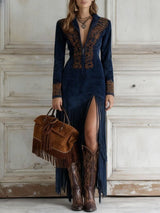 Robe maxi effet suède à franges